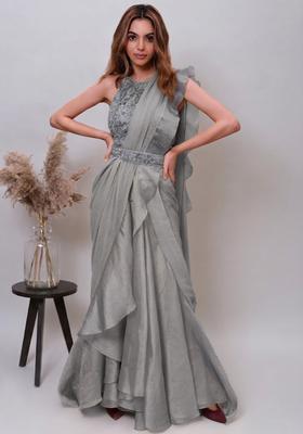 Grey Organza Embroidered Handwork Pre Draped Saree Set
