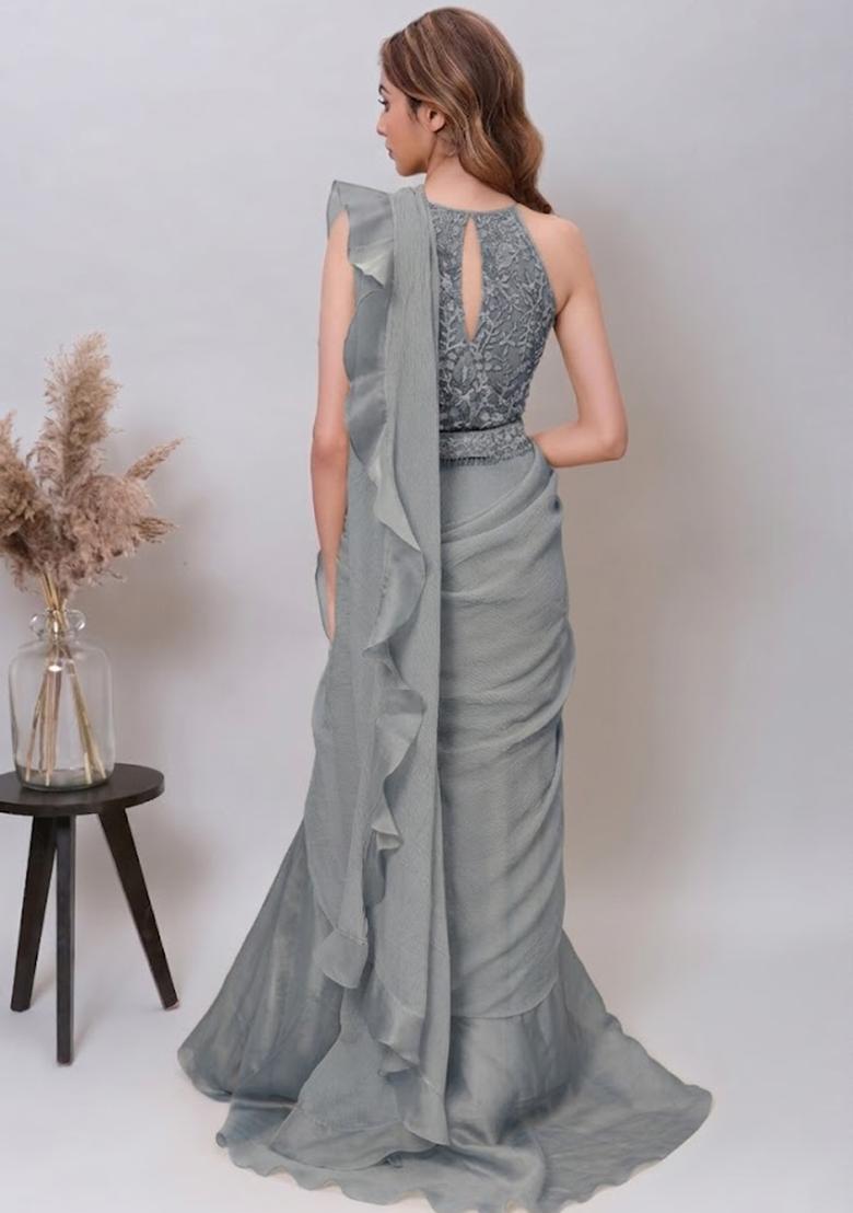Grey Organza Embroidered Handwork Pre Draped Saree Set - Indya