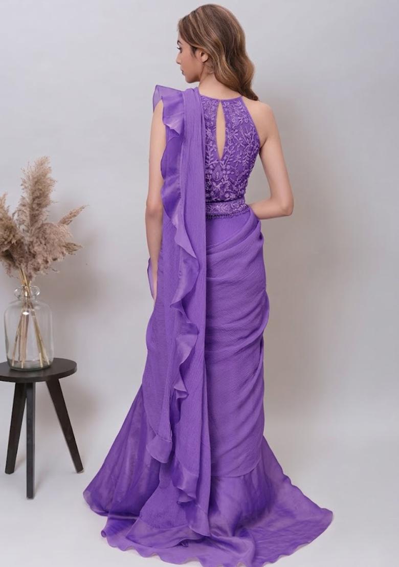 Lavender Organza Embroidered Handwork Pre Draped Saree Set - Indya