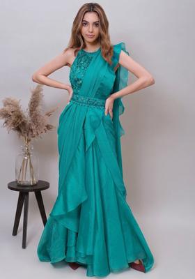 Mint Organza Embroidered Handwork Pre Draped Saree Set
