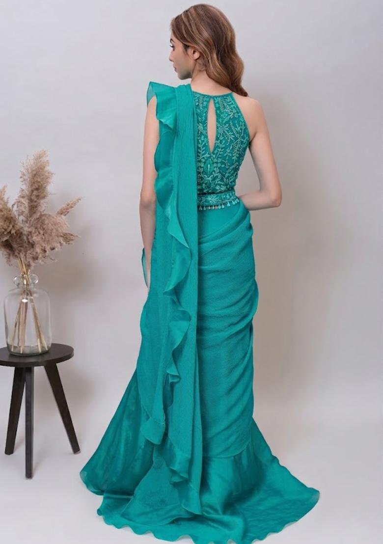 Mint Organza Embroidered Handwork Pre Draped Saree Set - Indya