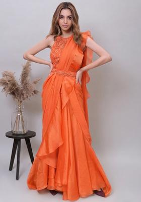 Orange Organza Embroidered Handwork Pre Draped Saree Set