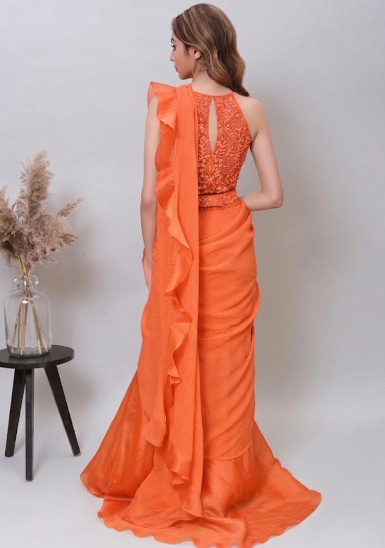 Orange Organza Embroidered Handwork Pre Draped Saree Set - Indya
