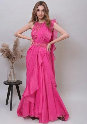 Pink Organza Embroidered Handwork Pre Draped Saree Set