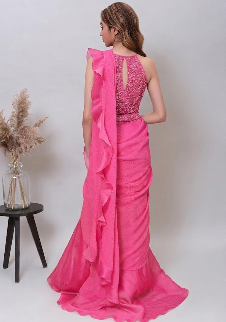 Pink Organza Embroidered Handwork Pre Draped Saree Set - Indya
