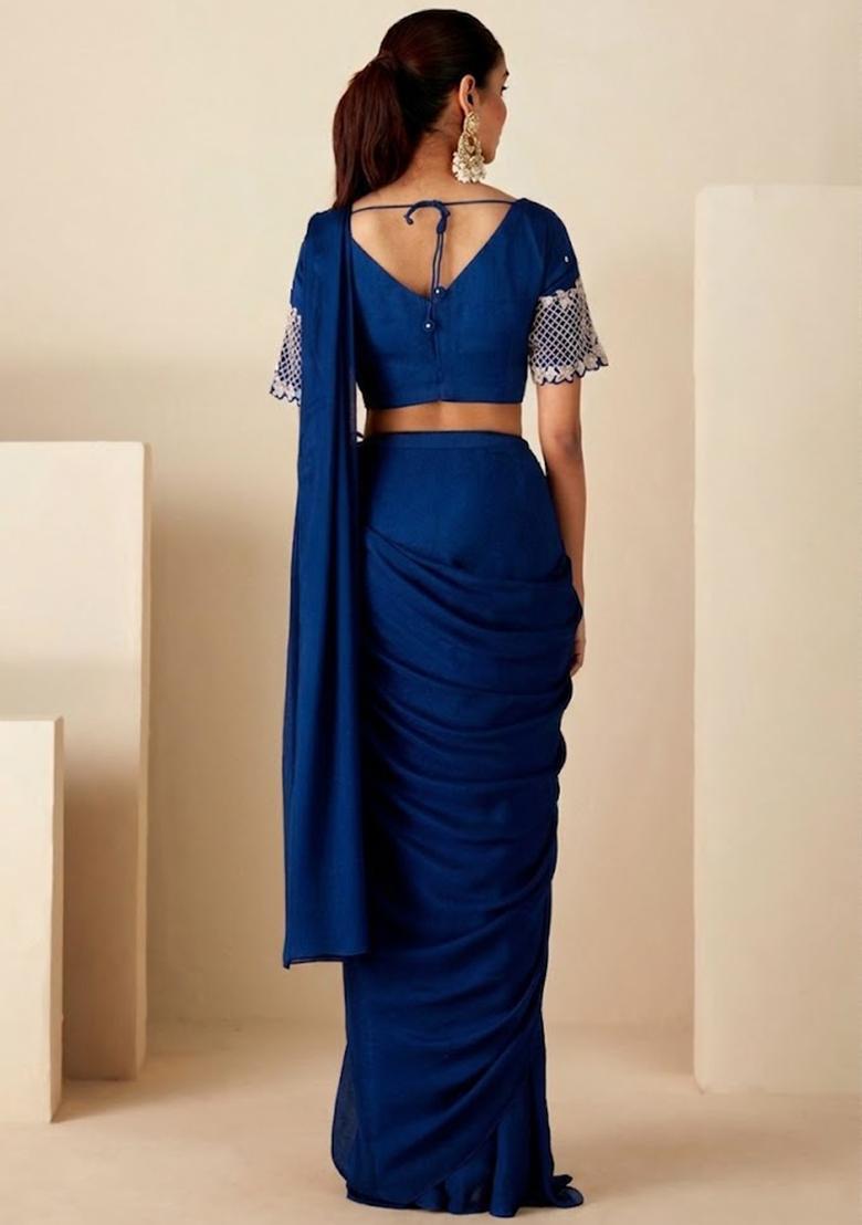 Navy Blue Chinon Embroidered Handwork Pre Draped Saree Set - Indya