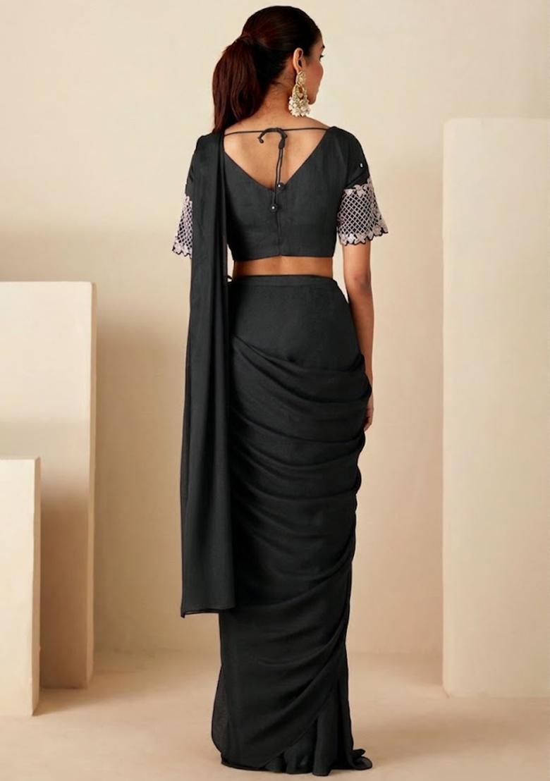 Grey Chinon Embroidered Handwork Pre Draped Saree Set - Indya