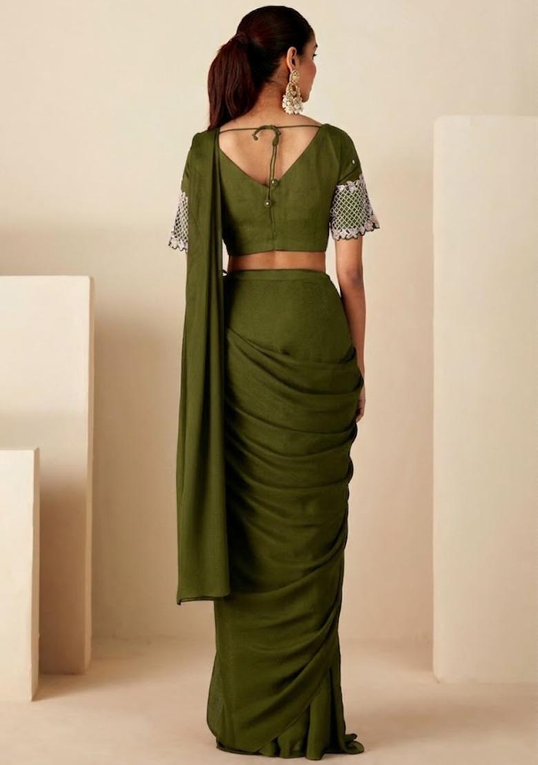 Olive Chinon Embroidered Handwork Pre Draped Saree Set - Indya