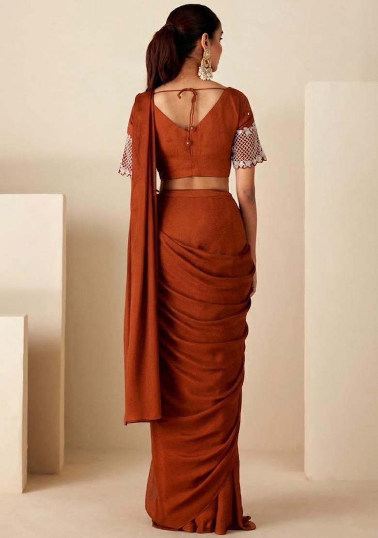 Orange Chinon Embroidered Handwork Pre Draped Saree Set - Indya