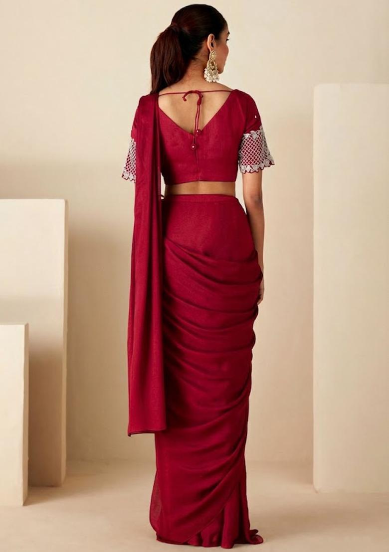 Red Chinon Embroidered Handwork Pre Draped Saree Set - Indya