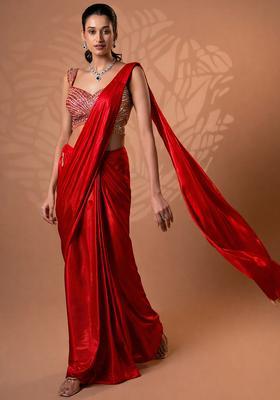 Red Satin Embellished Handwork Pre Draped Saree Set