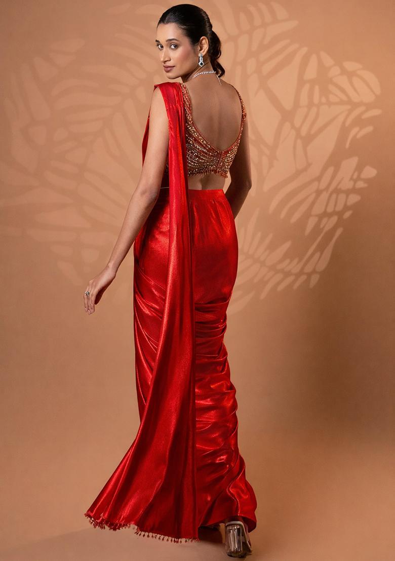 Red Satin Embellished Handwork Pre Draped Saree Set - Indya