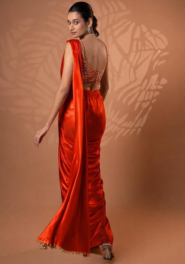 Red Satin Embellished Handwork Pre Draped Saree Set - Indya