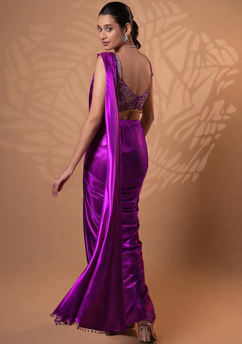 Shiny Purple Satin Embellished Handwork Pre Draped Saree Set - Indya