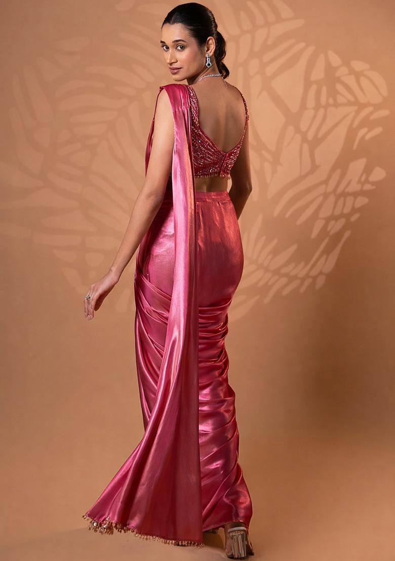 Coral Pink Satin Embellished Handwork Pre Draped Saree Set - Indya