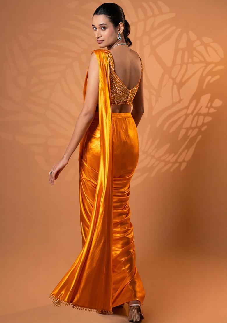 Pumpkin Orange Satin Embellished Handwork Pre Draped Saree Set - Indya