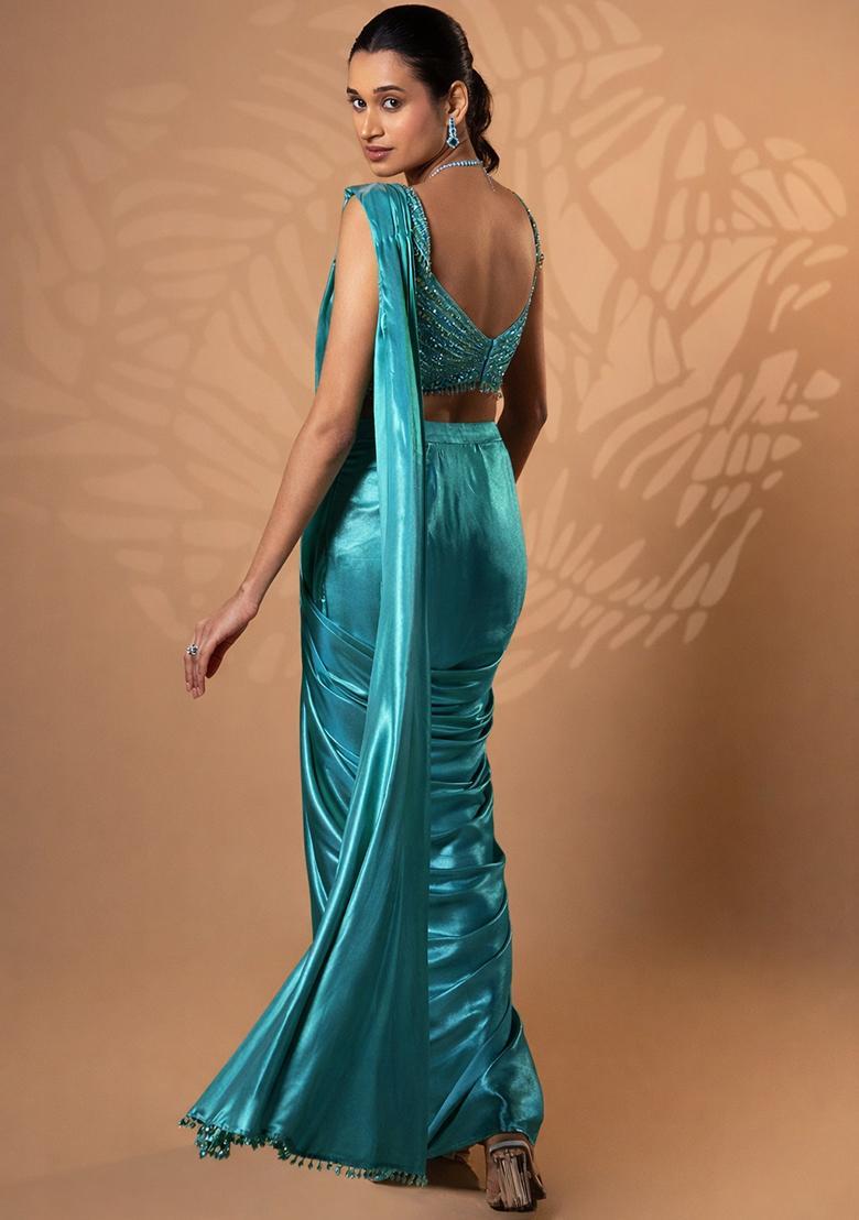 Muted Turquoise Satin Embellished Handwork Pre Draped Saree Set - Indya