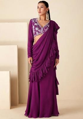 Purple Georgette Embroidered Handwork Pre Draped Saree Set
