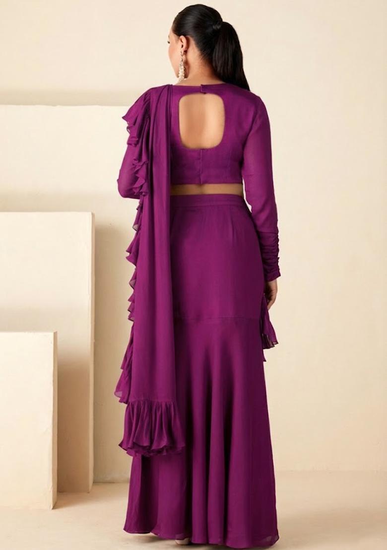 Purple Georgette Embroidered Handwork Pre Draped Saree Set - Indya