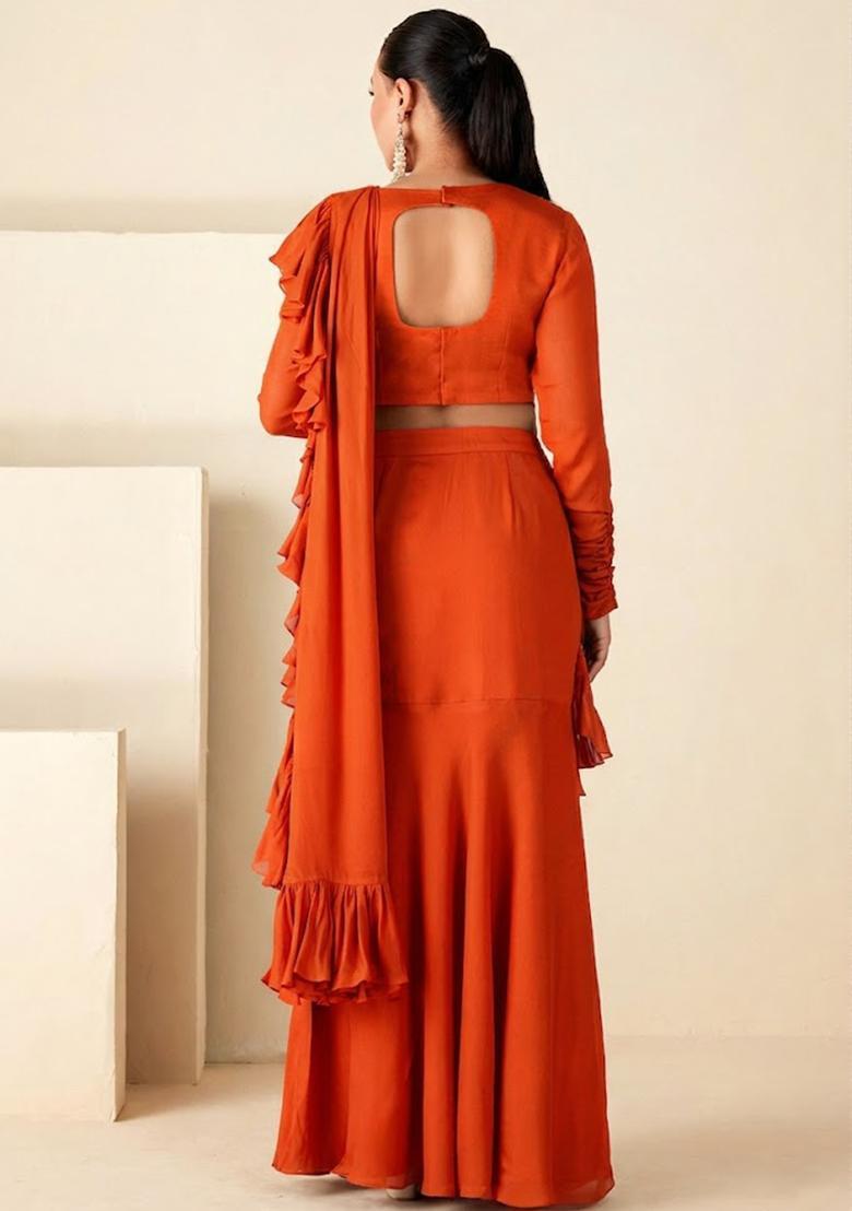 Orange Georgette Embroidered Handwork Pre Draped Saree Set - Indya