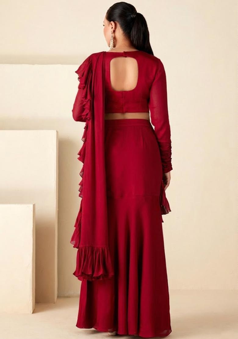 Red Georgette Embroidered Handwork Pre Draped Saree Set - Indya