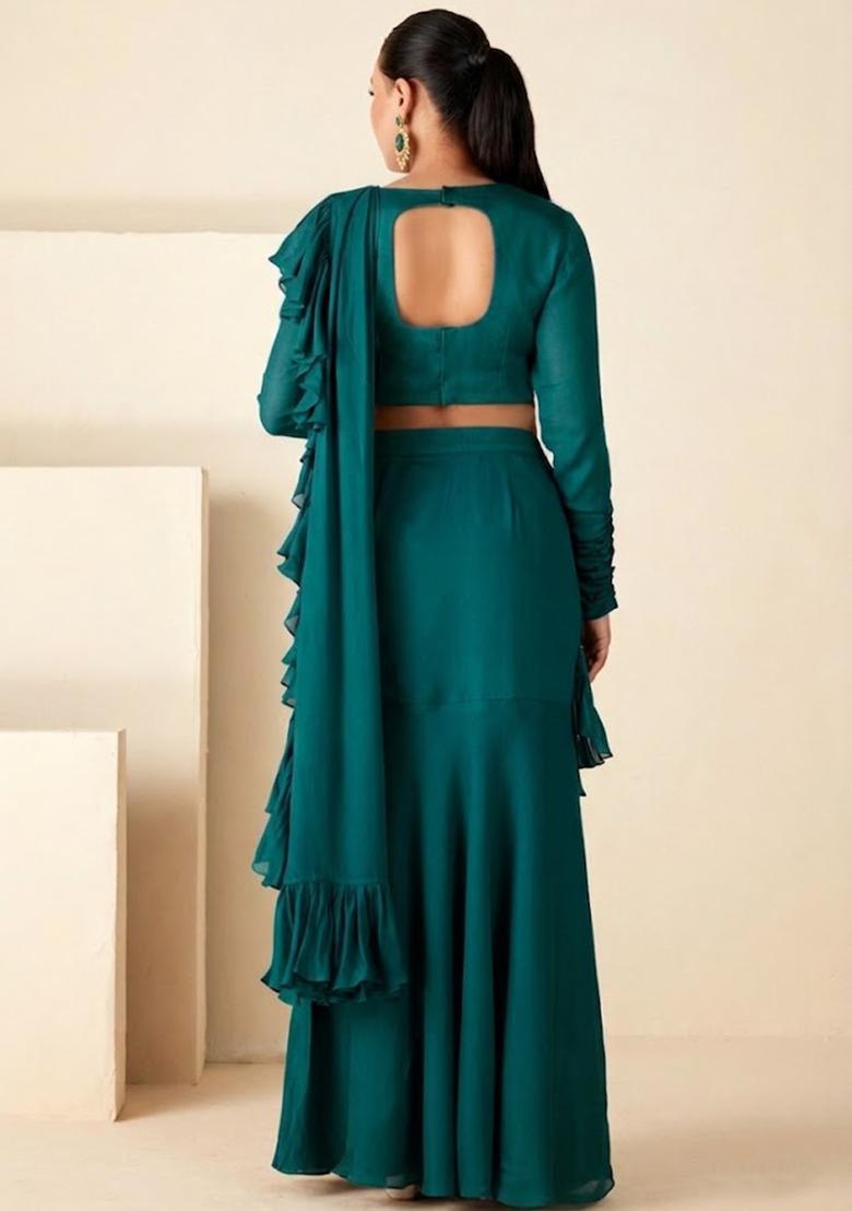 Teal Georgette Embroidered Handwork Pre Draped Saree Set - Indya