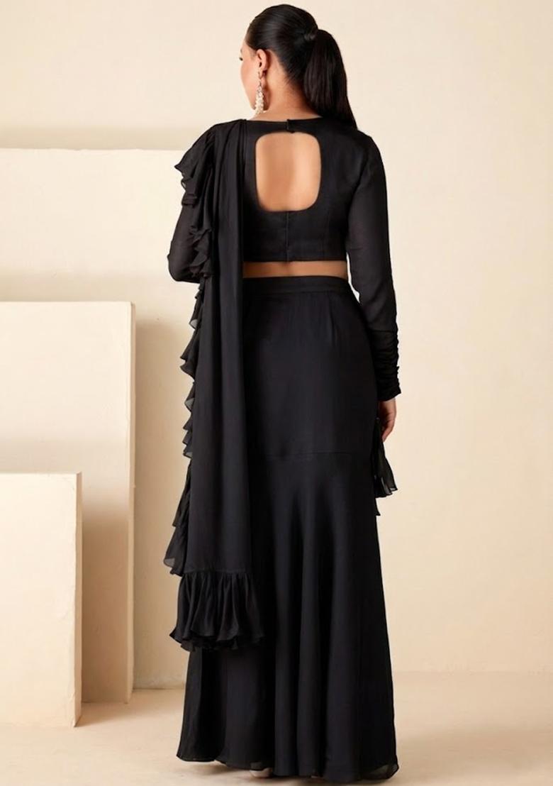 Black Georgette Embroidered Handwork Pre Draped Saree Set - Indya