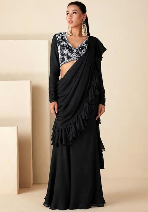 Black Georgette Embroidered Handwork Pre Draped Saree Set