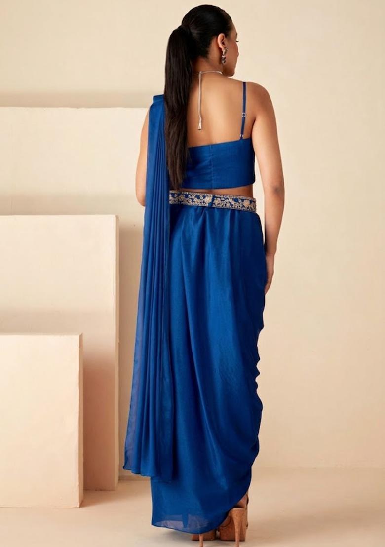 Royal Blue Chinon Embroidered Handwork Fusion Set - Indya