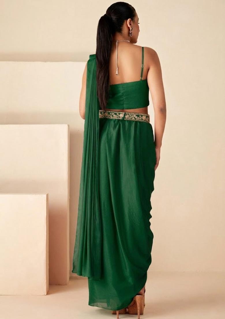 Green Chinon Embroidered Handwork Fusion Set - Indya