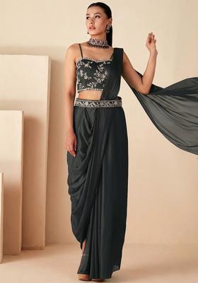 Grey Chinon Embroidered Handwork Fusion Set