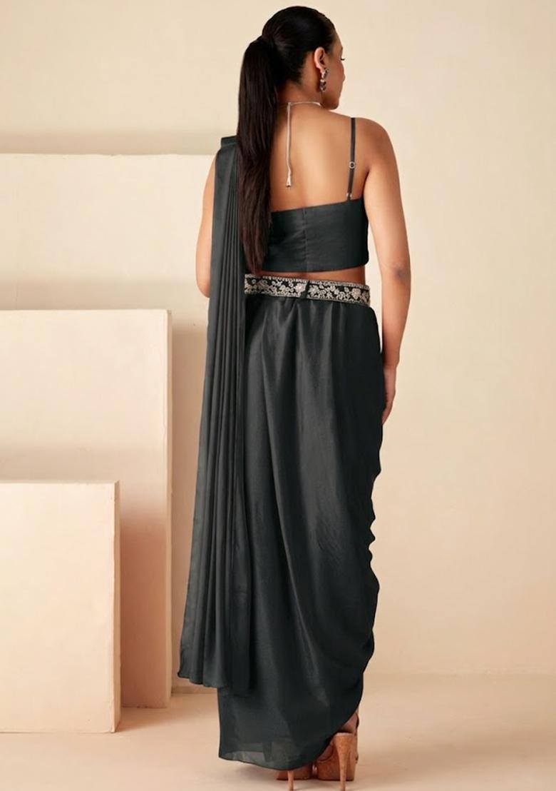 Grey Chinon Embroidered Handwork Fusion Set - Indya
