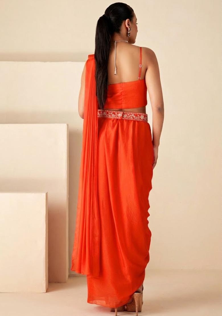 Orange Chinon Embroidered Handwork Fusion Set - Indya