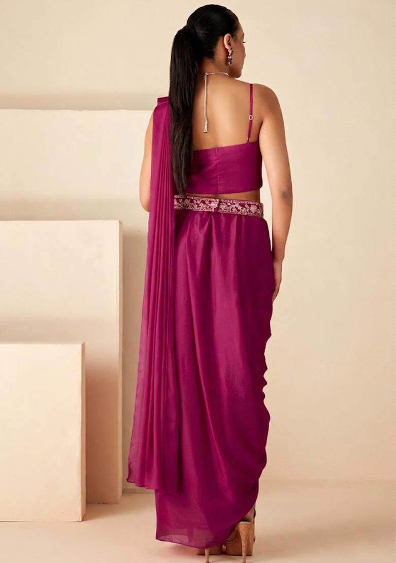 Pink Chinon Embroidered Handwork Fusion Set - Indya