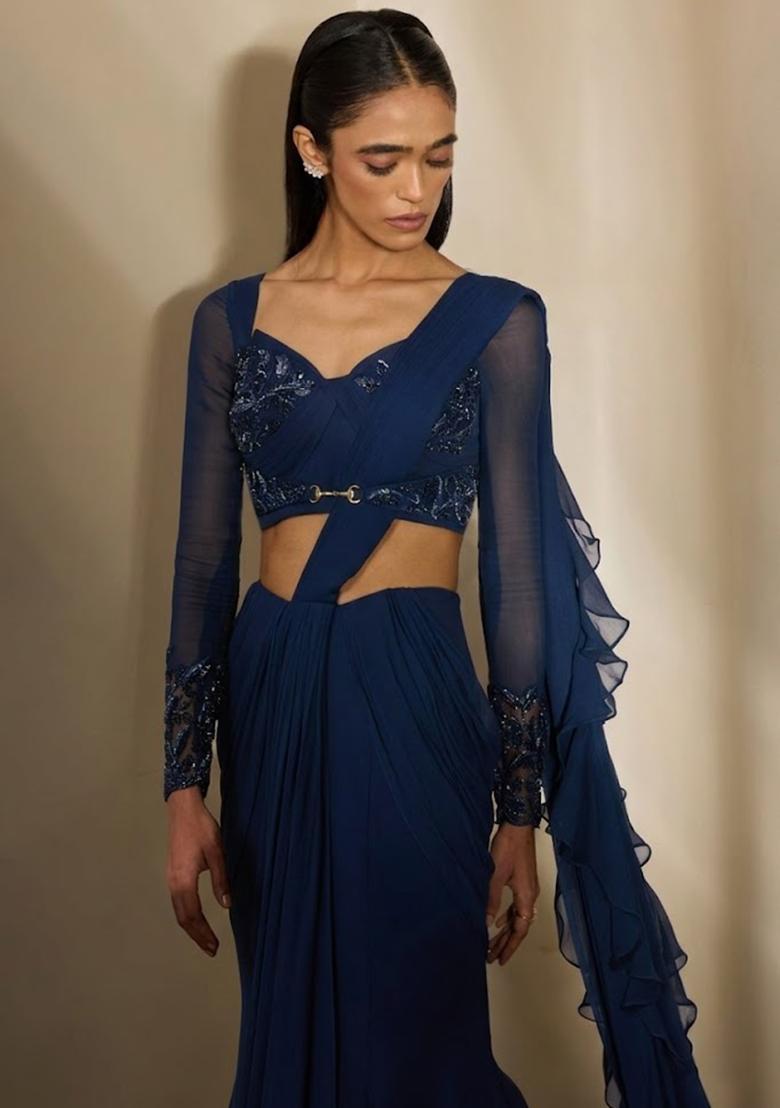 Navy Blue Georgette Embellished Handwork Pre Draped Saree Set - Indya