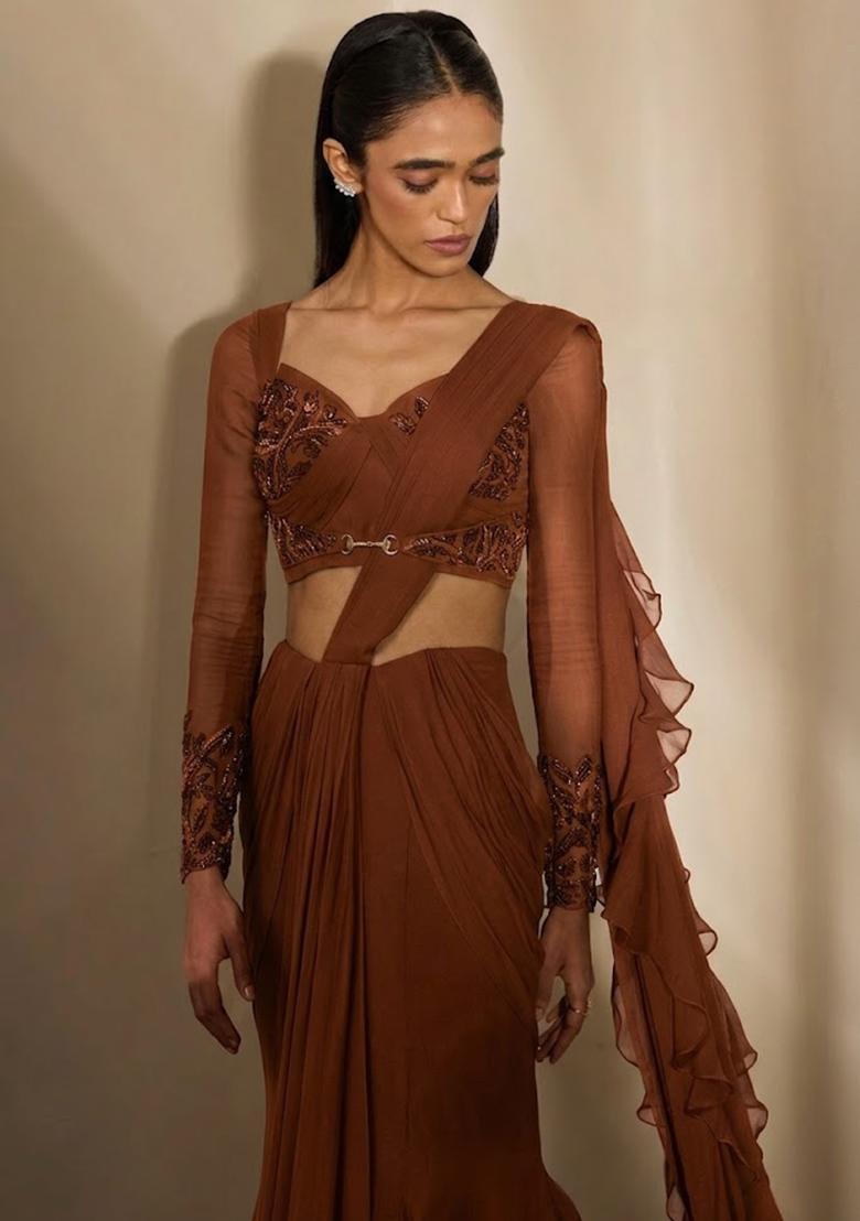 Brown Georgette Embellished Handwork Pre Draped Saree Set - Indya