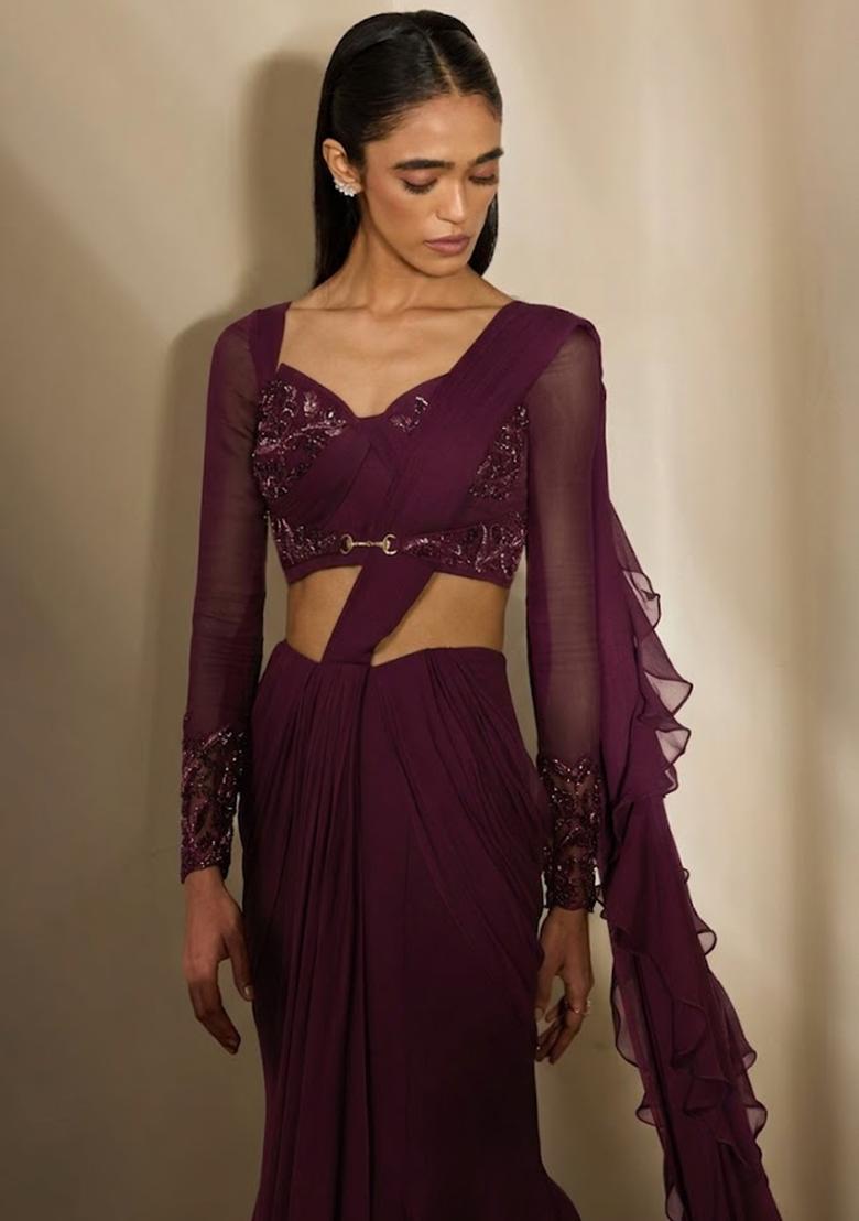 Mauve Georgette Embellished Handwork Pre Draped Saree Set - Indya