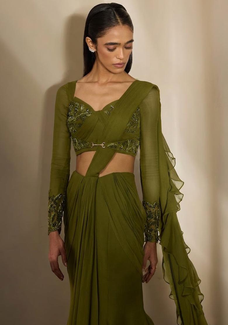 Olive Georgette Embellished Handwork Pre Draped Saree Set - Indya