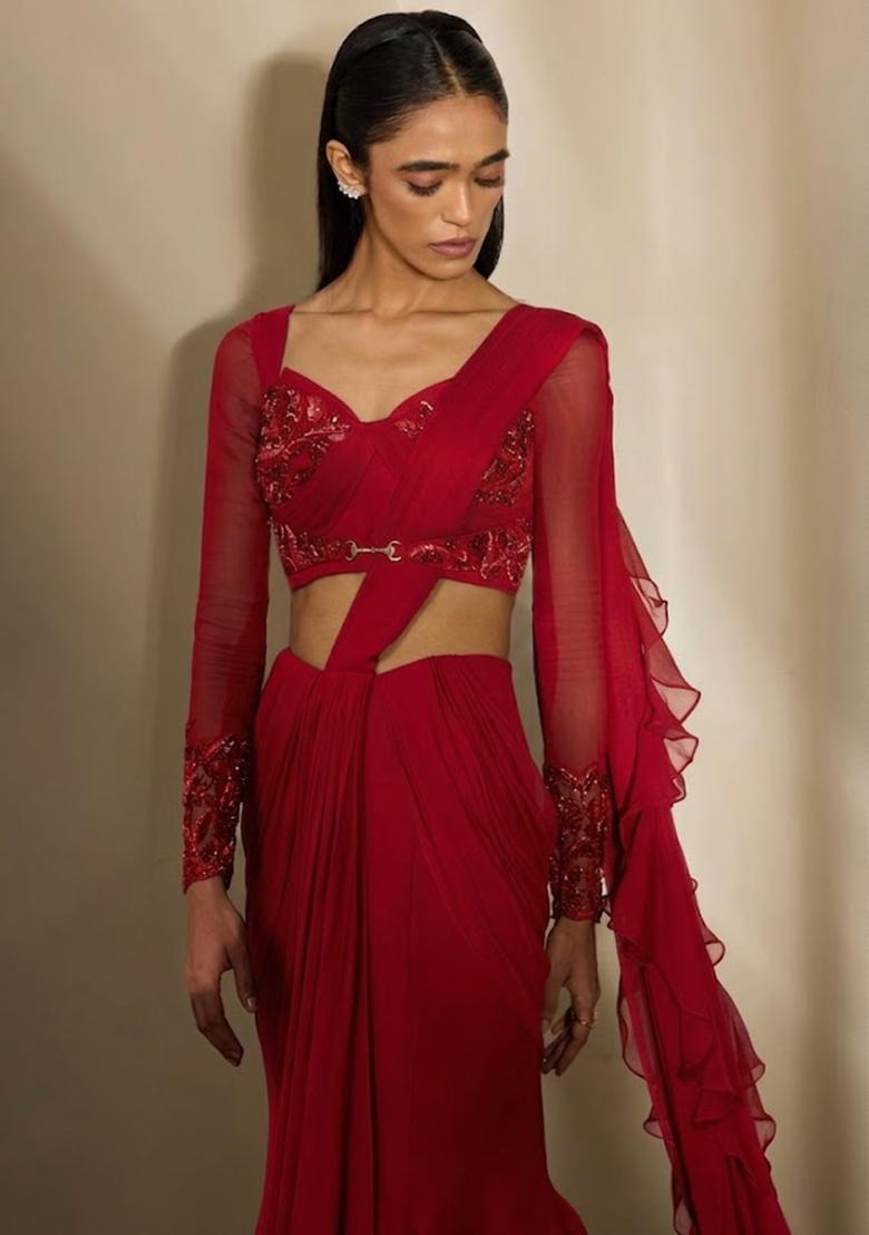 Red Georgette Embellished Handwork Pre Draped Saree Set - Indya