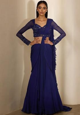 Violet Georgette Embellished Handwork Pre Draped Saree Set