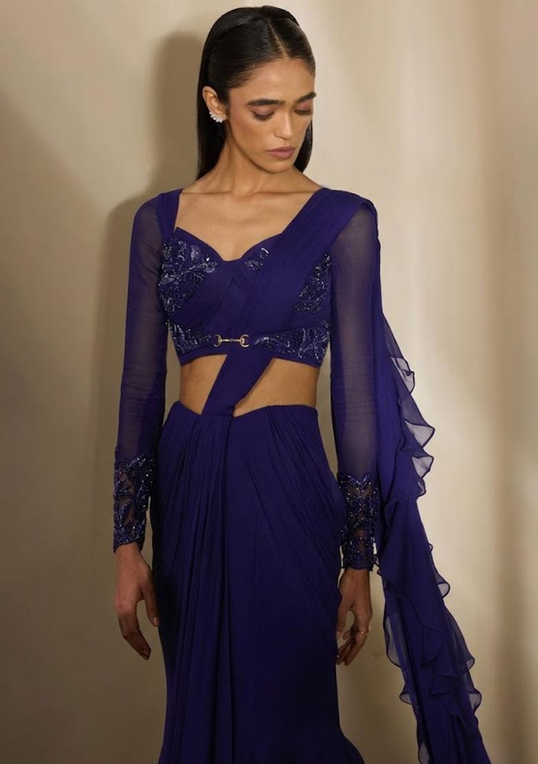 Violet Georgette Embellished Handwork Pre Draped Saree Set - Indya