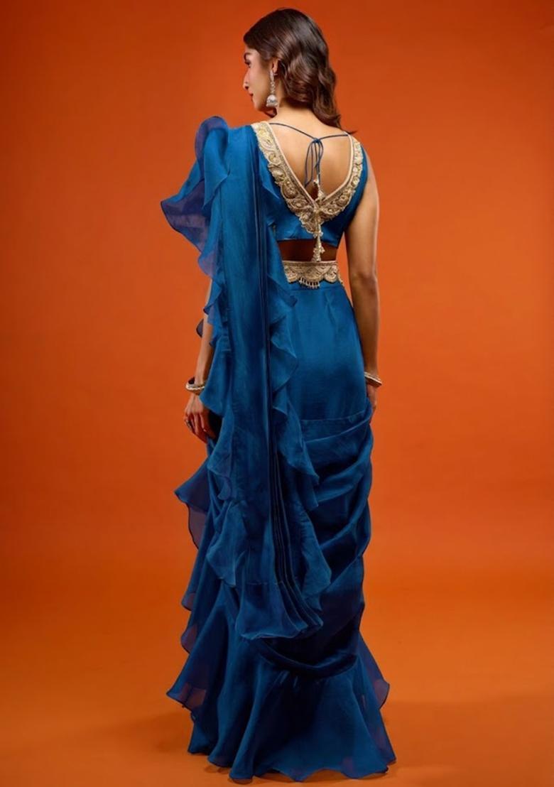 Teal Blue Organza Embroidered Handwork Pre Draped Saree Set - Indya