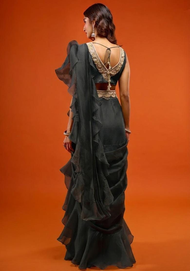 Grey Organza Embroidered Handwork Pre Draped Saree Set - Indya