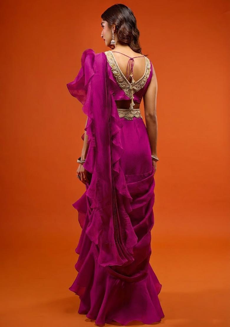 Pink Organza Embroidered Handwork Pre Draped Saree Set - Indya
