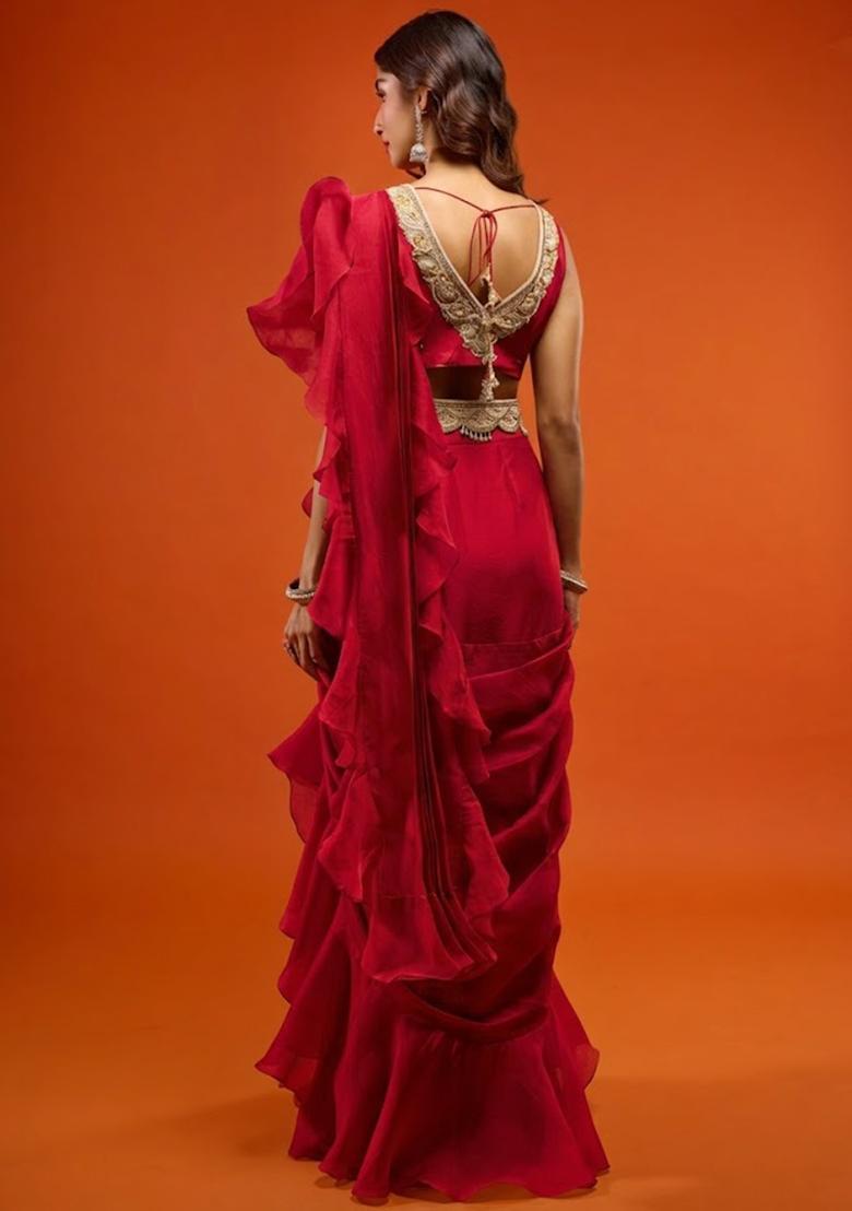 Red Organza Embroidered Handwork Pre Draped Saree Set - Indya