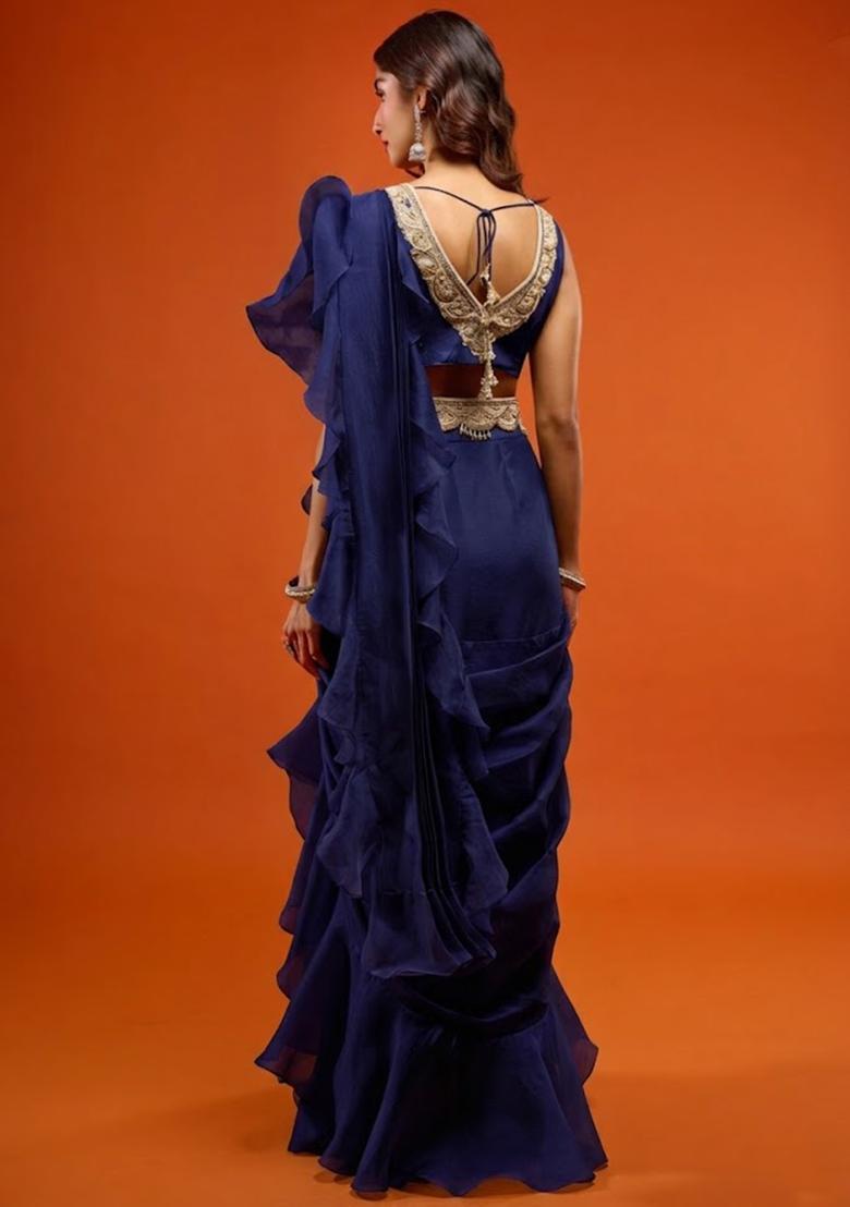Violet Organza Embroidered Handwork Pre Draped Saree Set - Indya