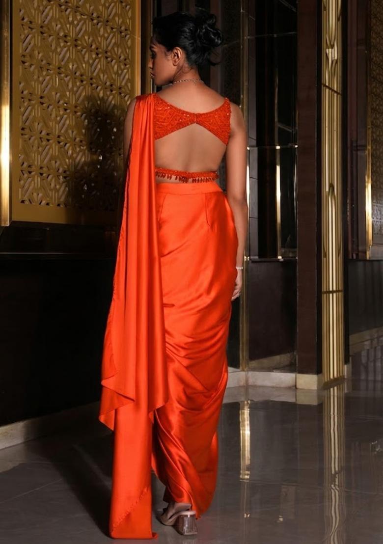Orange Satin Embellished Handwork Pre Draped Saree Set - Indya