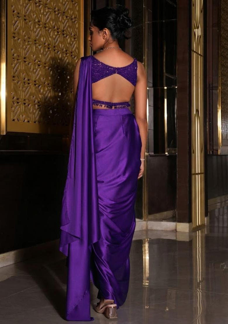 Purple Satin Embellished Handwork Pre Draped Saree Set - Indya