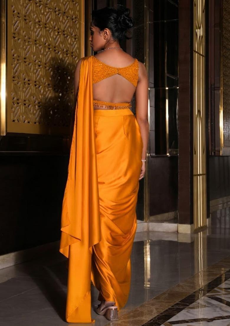 Yellow Satin Embellished Handwork Pre Draped Saree Set - Indya
