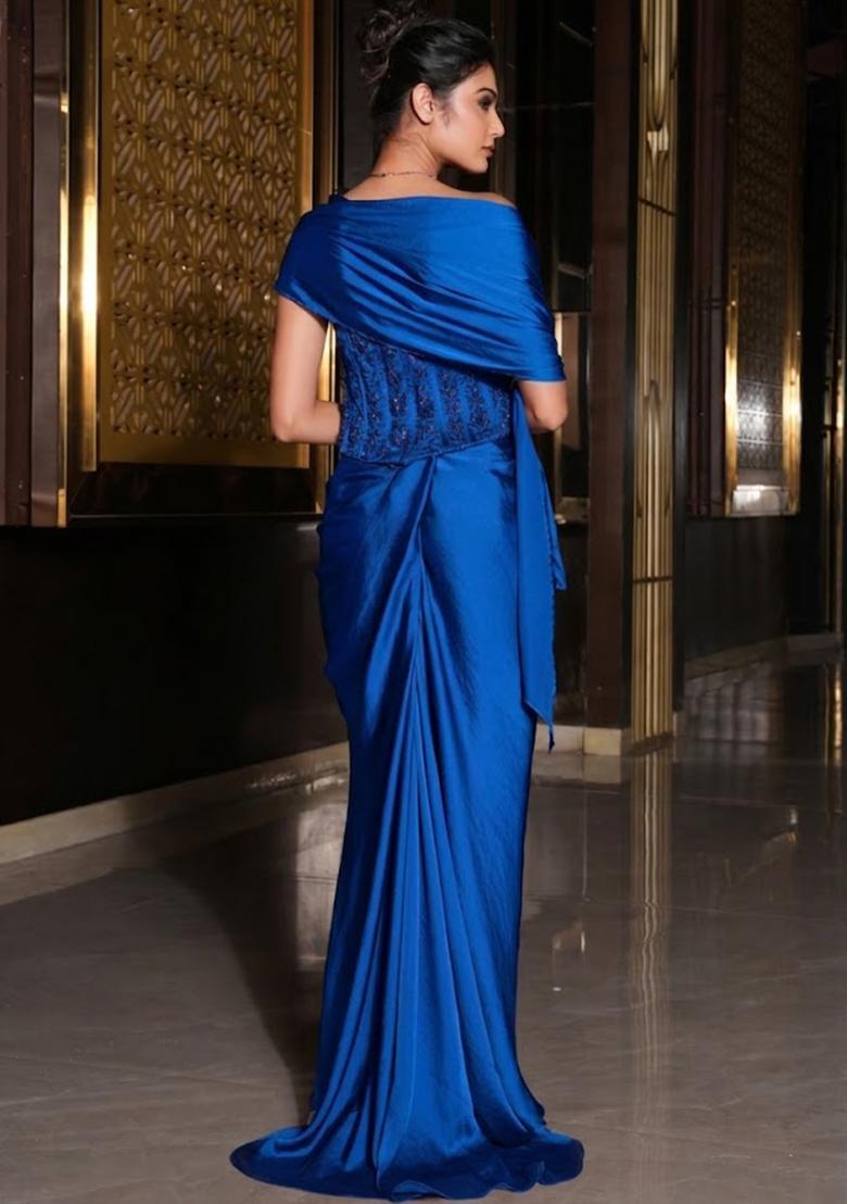 Royal Blue Satin Embellished Handwork Pre Draped Saree Set - Indya
